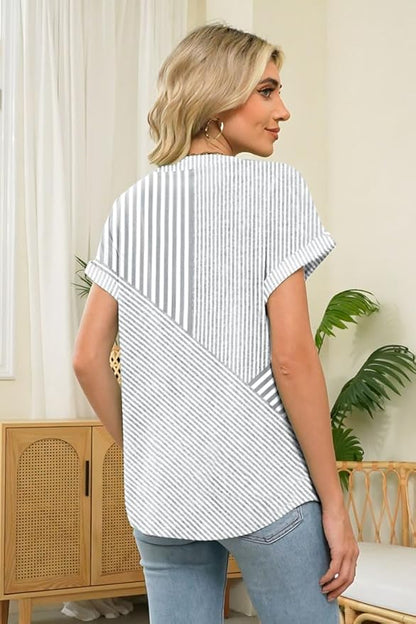 Womens Henley Summer Tops V Neck Button Dressy Casual T Shirts Blouses | Breathable, V-Neck Button, Striped, Loose Fit, Business Casual, Office, Vacation, Spring Summer Tops, Basic Shirts