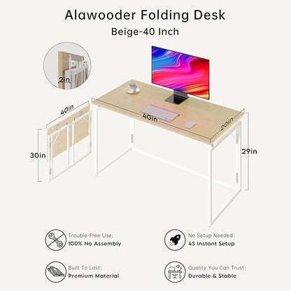 alawooder 39.4" Folding Desk: No Assembly, Wood Top for Small Spaces | 39.4 in dual-monitor workspace, holds 150 lbs, folds flat to 2.3 in, splash-proof top, home office or gaming