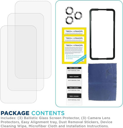 Tech Armor for Apple iPhone 15 Pro Screen Protector Glass 6.1 inch - Ballistic Tempered, Case Friendly, Easy Install, Sensor Protection, HD, 9H Hardness, 3 Pack + Bonus Camera Lens Protectors