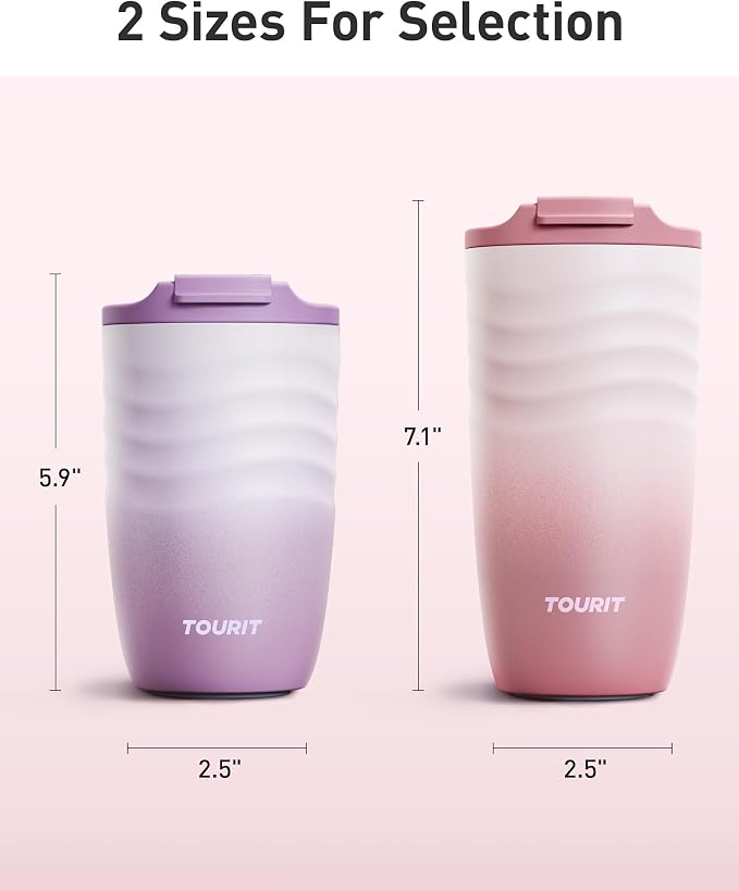 TOURIT 16 oz Travel Coffee Mug, Vacuum Insulated Stainless Steel Tumbler with Ripple-Wave Anti-Slip Grip, Built-in Silicone Bottom for Quiet & Stable, Leak-Proof Lid, Fits Car Cup Holder, Rose