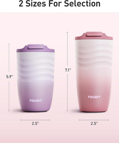 TOURIT 16 oz Travel Coffee Mug, Vacuum Insulated Stainless Steel Tumbler with Ripple-Wave Anti-Slip Grip, Built-in Silicone Bottom for Quiet & Stable, Leak-Proof Lid, Fits Car Cup Holder, Rose