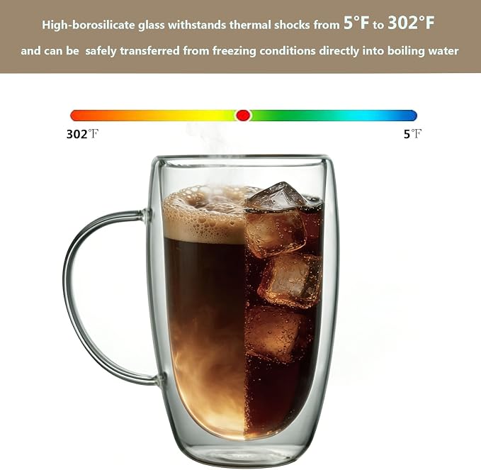 DINGPAI 15 oz Double Walled Glass Coffee Mugs, Large Coffee Mug with Handle | Borosilicate Glass, Insulation, Dishwasher Safe, Clear Glass Cups with Spoon for Latte, Cappuccino, Espresso, Americano