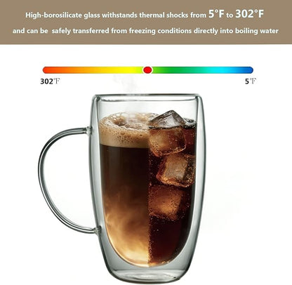 DINGPAI 15 oz Double Walled Glass Coffee Mugs, Large Coffee Mug with Handle | Borosilicate Glass, Insulation, Dishwasher Safe, Clear Glass Cups with Spoon for Latte, Cappuccino, Espresso, Americano