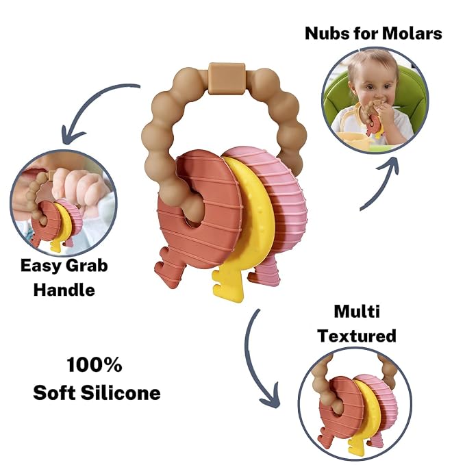Baby Keys Teether Toys,Silicone Teething Toys for 3+ Months,Teething Keys Toy for Infants-Soft & Raised Texture to Soothe Gums,BPA Free(Brown)