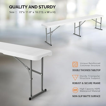 VINGLI 6 feet Plastic Folding Bench,Portable in/Outdoor Picnic Party Camping Dining Seat, Garden Soccer Multipurpose Entertaining Activities, Smooth HDPE Tabletop, 1 Pack, White