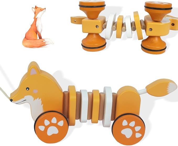 Baby Toys Car,Wooden Pull Along Toddler Toy, Developmental Toy for 1 Year Old Girl Boy Birthday Gift (Fox)