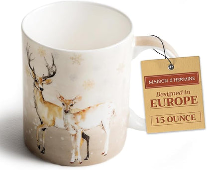 Maison d' Hermine Coffee Mug with Handles Tea Cups (15 Ounce, Pack of 1) | Fine Bone China Coffee Mugs for Hot Beverages Cappuccino Latte Home Restaurant Spring Summer -Deer In The Woods - Oh Deer