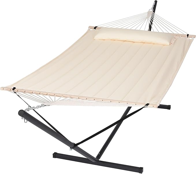 SUNCREAT Hammocks Extra Large Double Hammock with 12 ft Stand, 475lbs Capacity, Outdoor Portable Hammock with Hardwood Spreader Bar, Extra Large Pillow, Beige