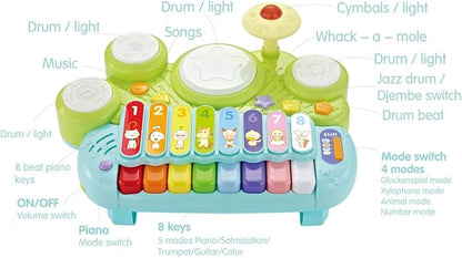 Fisca 3 in 1 Musical Instruments Toys, Electronic Piano Keyboard Xylophone Drum Set - Learning Toys with Lights for Baby & Toddler 1 2 3 Year Old Boys and Girls