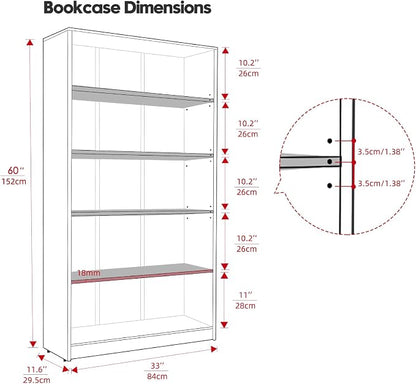 Farini 60 Inch Tall Bookcase,5 Shelf Bookshelves,Adjustable Bookshelf for Home Office,Black