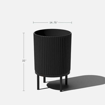 Veradek Demi Series Round Planter w/Stand for Porch/Patio | Durable Plastic-Stone Composite & Wooden Stand | Modern Décor for Tall Plants, Flowers
