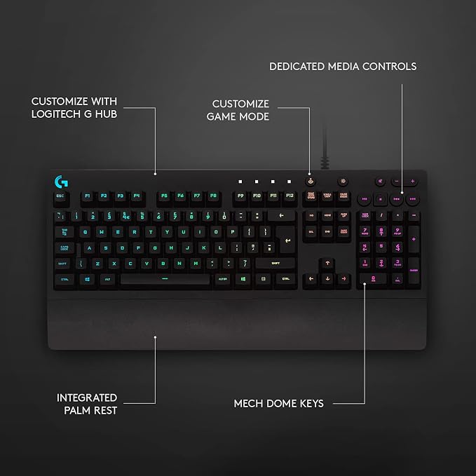 Logitech G213 Prodigy Wired RGB Gaming Keyboard - Black | Mech-Dome Keys, Palm Rest, Adjustable Feet, Media Controls, LIGHTSYNC RGB, USB, Compatible with Windows