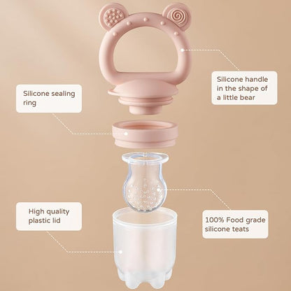 2 Pack Silicone Baby Fruit Feeder with Mini Freezer Tray, Breastmilk Popsicle Molds for Baby Teething Relief, Fresh Food Feeder for Safe Infant Self Feeding, Extra Food Pouches - Pink