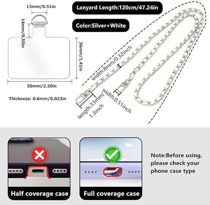 Phone Crossbody Chain Cell Phone Lanyard,Leather+Metal Shouder Strap Universal Cellphone Chain Strap with Tether Patches Compatible with Most Phones Bag Purse Silver+White