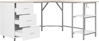 Techni Mobili 59" Two-Tone L‑Shaped Office Desk with Storage Shelves, Sand | 59" two‑tone L‑shaped desk with storage shelves, durable frame, modern corner workstation, spacious home office writing space