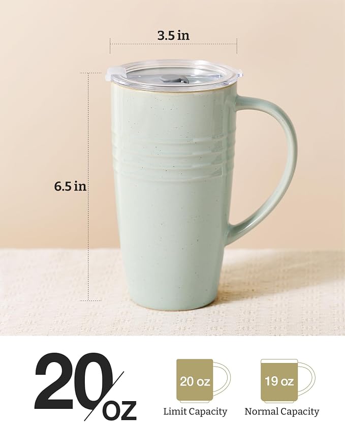 famiware Jupiter Large Coffee Mug, 20oz Coffee Mug with Lid, Ceramic Mugs Set of 2, Cup Set with Handle for Latte, Tea, Cocoa, Milk, Microwave and Dishwasher Safe, Light Blue and Light Green