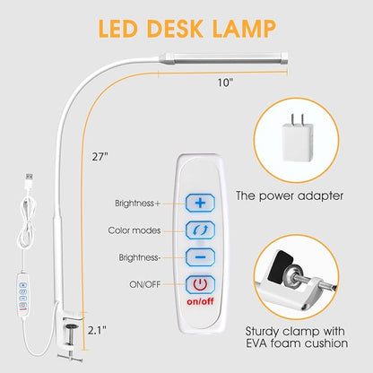 Voncerus LED Desk Lamp with Clamp, Eye-Caring Clip on Lights for Home Office, 3 Modes 10 Brightness, Long Flexible Goose-Neck, Metal, Swing Arm Architect Task Table Lamps with USB Adapter, White | 3 Modes 10 Brightness, Long Flexible Goose-Neck, Eye-Ca...