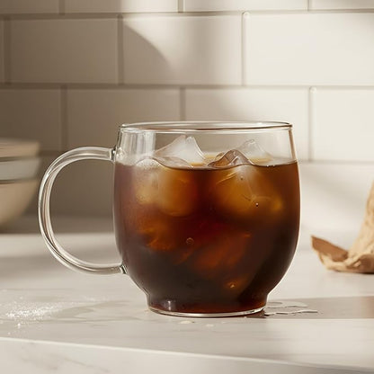 Aquach 20oz Glass Coffee Mugs Set of 2, Clear Borosilicate Tea Cups | Dishwasher/Microwave Safe, Single-walled, Smooth Rim, Handle Comfort, Large Capacity Fits Hot/Cold Brews