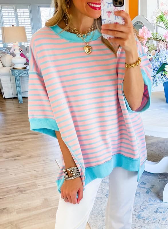SHEWIN Womens Tops Casual Short Sleeve Sweatshirt Crewneck Striped Shirt Pullover T Shirts Loose Blouses