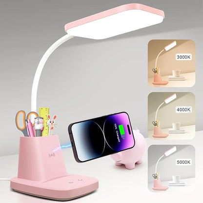 LED Desk Lamp with 10W Wireless Charging & Pen Holder, Pink | CRI 95, 800LM, Stepless Dimming, 3 Modes, 360°Flexible Arm, Touch, Study Table Lamp for Home Office, Dorm Room, with Adapter