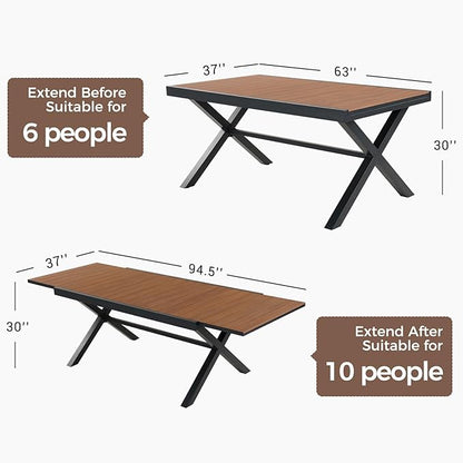 Grand patio 9-Piece Outdoor Dining Set, 8 Leather-Look Wicker Swivel Patio Chairs & 1 Extendable Rectangular Dining Table, Brown