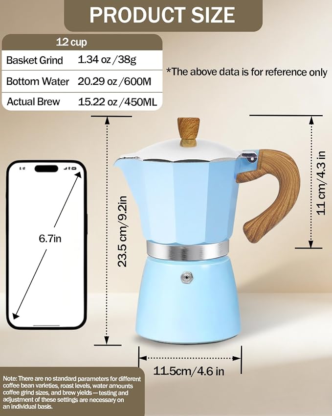 Coffee Maker Stovetop Espresso Maker 12 Cup Aluminum Moka Pot Percolator 20oz 600ml Easy Brewing for Electric Ceramic Stoves Home Camping Italian Cuban Café Classic Blue