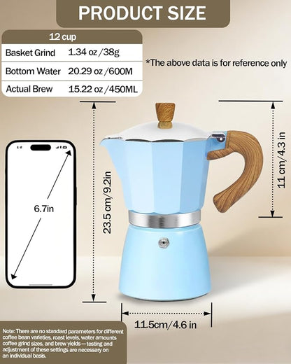 Coffee Maker Stovetop Espresso Maker 12 Cup Aluminum Moka Pot Percolator 20oz 600ml Easy Brewing for Electric Ceramic Stoves Home Camping Italian Cuban Café Classic Blue