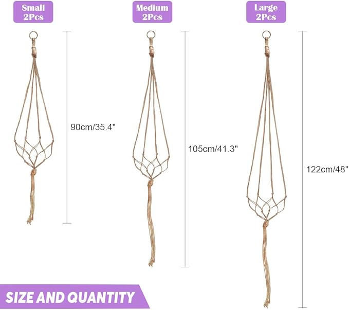 Swpeet 6 Pack 3 Sizes Macrame Hanging Planter Holder Plant Hanger with 6 Pack 2.9 Inch Ceiling Cup Hooks Kit, Hanging Planter Basket Rope Holder for Indoor Outdoor Decorations Beautiful Hanging
