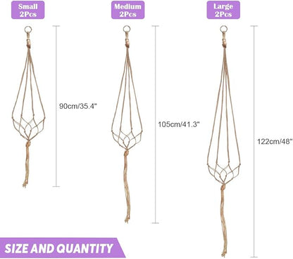 Swpeet 6 Pack 3 Sizes Macrame Hanging Planter Holder Plant Hanger with 6 Pack 2.9 Inch Ceiling Cup Hooks Kit, Hanging Planter Basket Rope Holder for Indoor Outdoor Decorations Beautiful Hanging