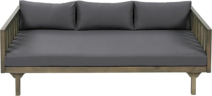 Christopher Knight Home Claremont Outdoor 3 Seater Acacia Wood Daybed with Fabric Water Resistant and Removable Cushions, Patio Garden Sofa with Slat Paneling Armrest and Back, Grey and Dark Grey