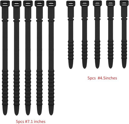 Silicone Zip Ties, Reusable Zip Ties, Rubber Cable Ties Straps for Wire Management, Elastic Silicone Ties Cable Organizer for Home Office, Black Cord Ties in Two Sizes 4.5" and 7.1" (5+5 Pcs Black)