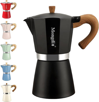 Mongdio Stovetop Espresso Maker Moka Pot, Cuban Coffee Maker Stove top coffee maker Moka Italian Espresso Greca Coffee Maker Brewer Percolator, 6 Espresso Cups, 10 oz - Black