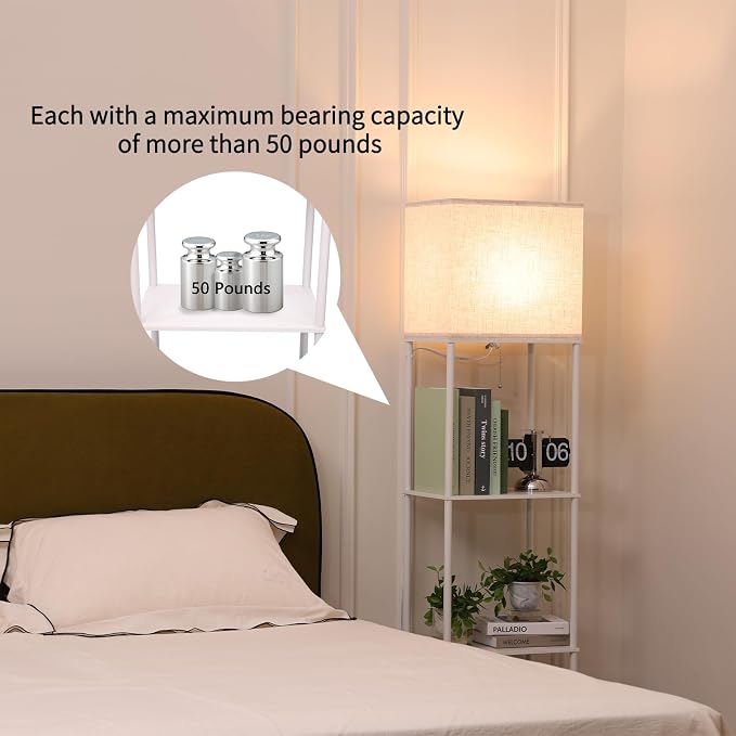 Gupuzm Floor Lamp with Shelves, Large Size Rectangle Standing Lamp with 3 Color Temperature Bulb, Corner Display Bookshelf Lamp for Living Room, Bedroom and Office（White-9W）