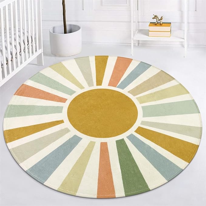 Boho Washable Rug 5 Ft Round Area Rug for Bedroom, Rainbow Circle Kids Rug for Office, Non-Slip Circluar Carpet Soft Sunshine Rug for Dorm Nursery Sofa Living Room Corner