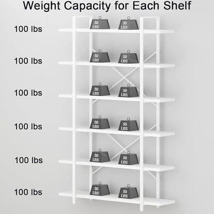 HSH 6 Tier Tall White Bookshelf, Industrial Modern Vertical Metal and Wood White Bookcases 6 Shelf,Farmhouse Open Large Storage Book Shelves & Display Book Shelf for Bedroom Living Room Office