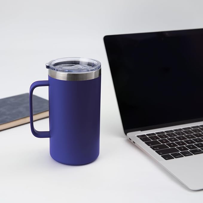 DOMICARE 24oz Mug with Handle and Lid, Stainless Steel Coffee Mug, Travel Mug with Handle, Double Wall Vacuum Coffee Tumbler, Reusable Insulated Cup, Dark Blue, Pack 4