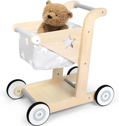 Asweets 2 in 1 Wooden Baby Walker Push and Pull Doll Stroller, Shopping Cart Learning Walker for Boys and Girls, Sit Stand Learning Toddler Toy (Grey)