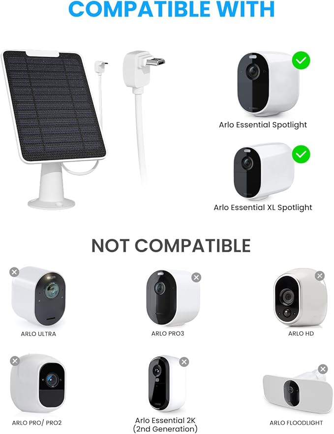 5W Arlo Solar Panel Charger Compatible with Arlo Essential Spotlight/XL Spotlight Camera, Arlo Essential Solar Panel Charger w/ 10ft Waterproof Micro USB Charging Cable, Adjustable Wall Mount, 2 Pack