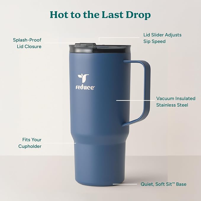 REDUCE 24 oz Hot1 Vacuum Insulated Mug for Hot Tea, Coffee and Other Hot Drinks - With Flo-Motion Lid and Handle, Single-Serve and Cupholder Friendly, Keeps Drinks Hot for up to 8 Hrs, Mineral Blue