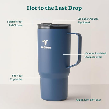 REDUCE 24 oz Hot1 Vacuum Insulated Mug for Hot Tea, Coffee and Other Hot Drinks - With Flo-Motion Lid and Handle, Single-Serve and Cupholder Friendly, Keeps Drinks Hot for up to 8 Hrs, Mineral Blue