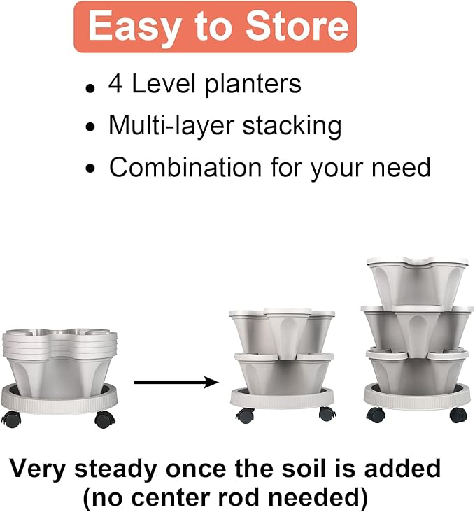 DUNCHATY Stackable Planter, Vertical Garden Planter with Wheels and Tools, Self Watering Strawberry Planter Indoor/Outdoor 4 Tier Herb Planter Pots for Growing Vegetables and Succulents,Gray