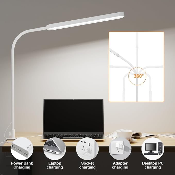 SKYLEO Led Desk Lamp - 33.5" Desk Light - Flexible Gooseneck - 5 Color Modes X 11 Brightness Levels - 1300LM - Timmer & Memory Function - 12W Clip on Light - White