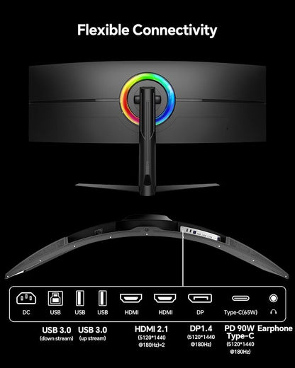 KTC Ultrawide 49 In Curved Gaming Monitor, 5K2K 5120x1440 Computer Monitor DQHD, 180Hz, 32:9, HDR 400, 90W Type-C HDMI DP Port, Bulit-in KVM, Speakers, Adaptive Sync, Tilt Swivel Height Adjust, H49S66