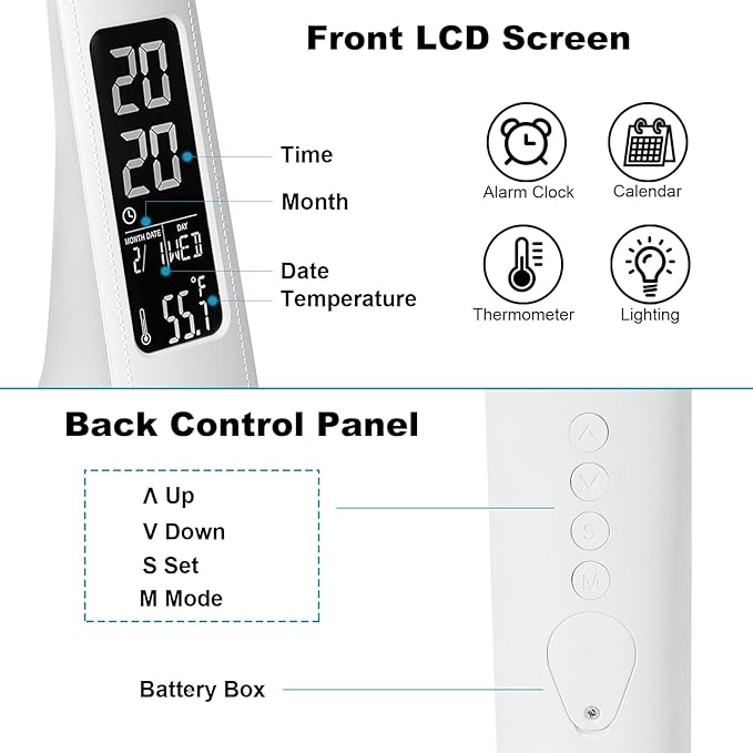 LED Desk Lamp with Digital Display Calendar Temperature,Rechargeable Desk Lamp for Home Office with Adjustable Neck,Dimmable Reading Light with Touch Control,Cordless Study Lamp with USB Charging Port