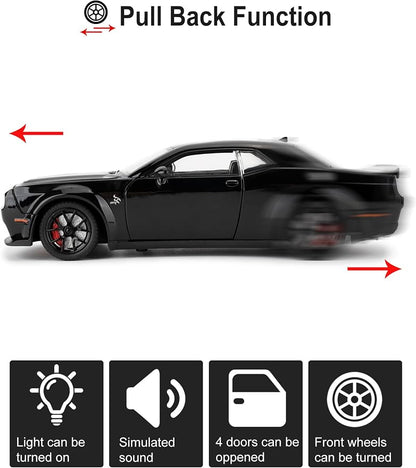 Compatible for 1/24 Dodge Challenger SRT Hellcat Car Model, Collectible Die-Cast Model Car with Lights and Sounds,Pull Back Car Toy for Adults Kids Birthday Gifts Decoration (Black)