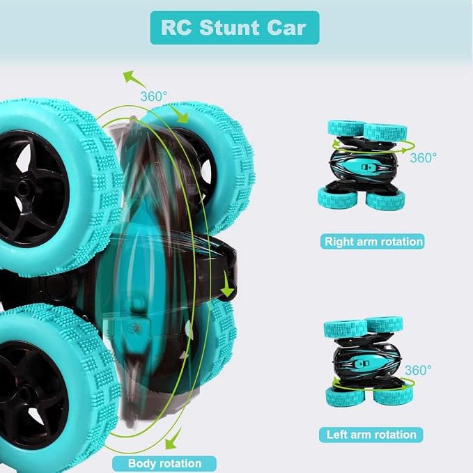 Remote Control Car: Double Sided 360°Rotating 4WD RC Cars 2.4GHz Electric Race Stunt Toy Car Rechargeable Toy Cars for 6 7 8 9 10 11 12 Year Old Boys Girls Kids Christmas Birthday Gifts Cyan