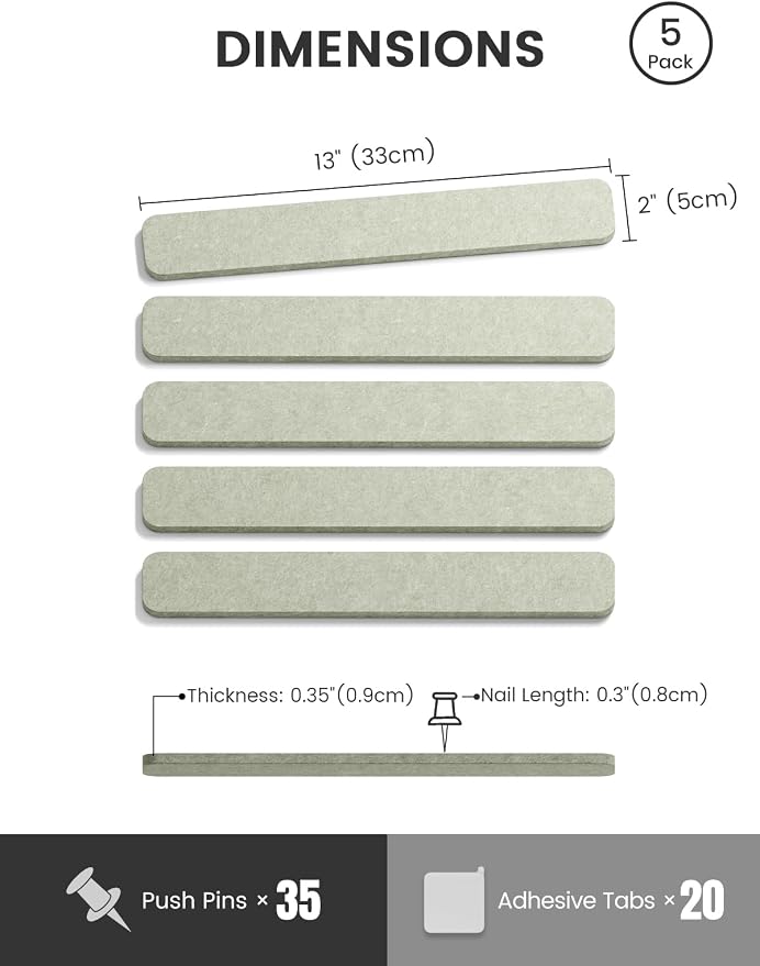 Fluxynara 13" x 2" Felt Wall Panels, Sage | 5-Pack Cork Board Alternative with 35 Push Pins, Adhesive Mounting for Bedroom Door or Home Office