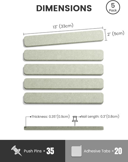 Fluxynara 13" x 2" Felt Wall Panels, Sage | 5-Pack Cork Board Alternative with 35 Push Pins, Adhesive Mounting for Bedroom Door or Home Office