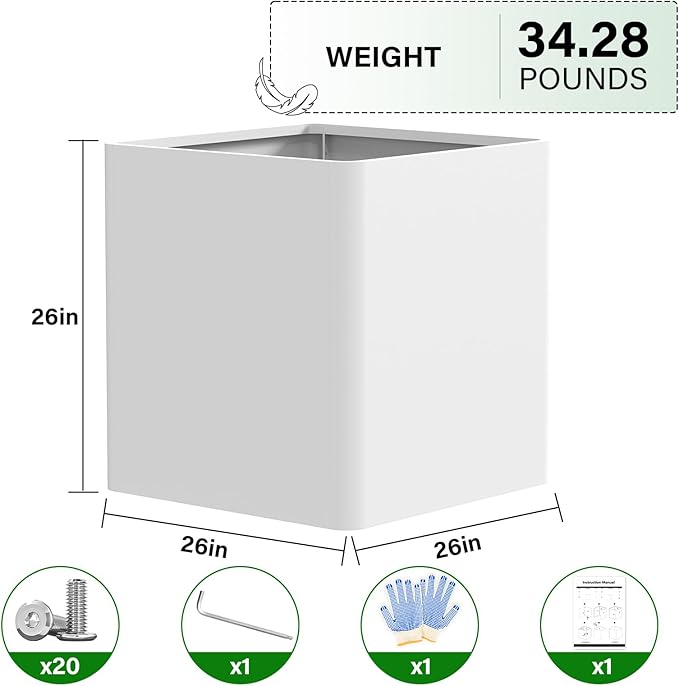 Large Outdoor Planter 26" L x 26" W x 26" H,Metal Square Planter for Outdoor Plants,Heavy Duty Modern Flower Plant Pot for Porch/Patio/Garden