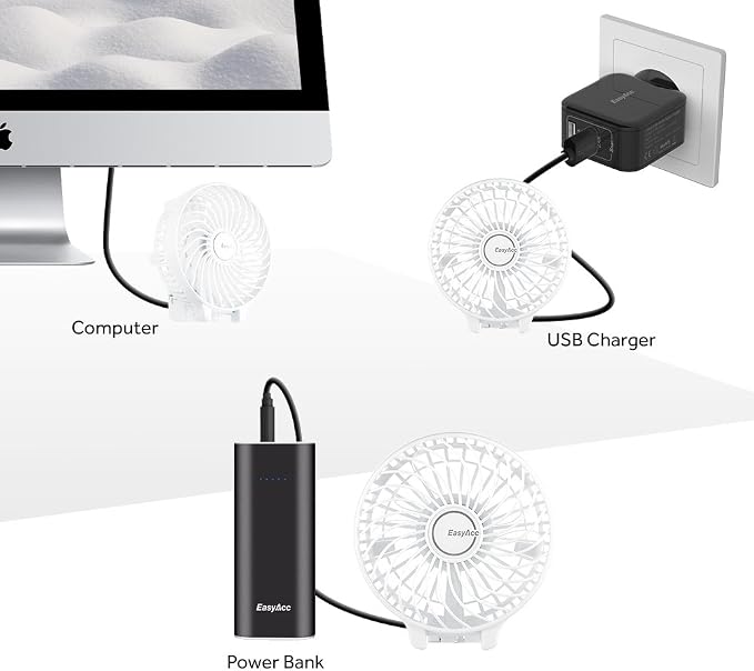 EasyAcc Handheld Fans [2x Crossbody Straps/2xDIY Stickers] for Portable Fan and Phones -Up to 10H Rechargeable Foldable Hand Desktop Fan for Home and Travel - White